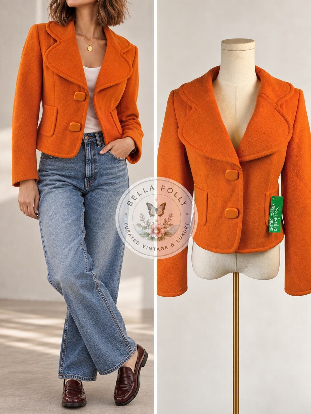 NWT Vintage United Colors of Benetton Orange Wool Jacket 42 US 4 Made in Italy